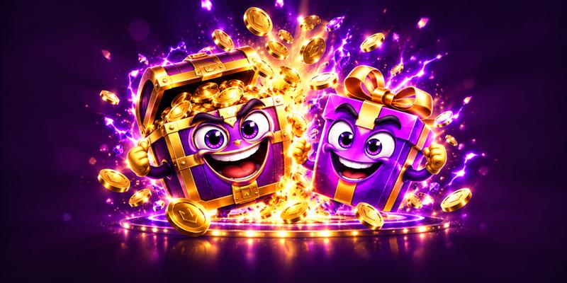 Een grijnzende schatkist en cadeaudoos tussen gouden munten