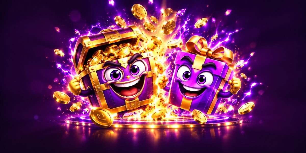 Een grijnzende schatkist en cadeaudoos tussen gouden munten
