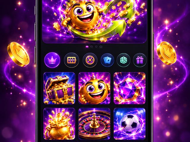 Een telefoon met een paarse casinolobby op het scherm