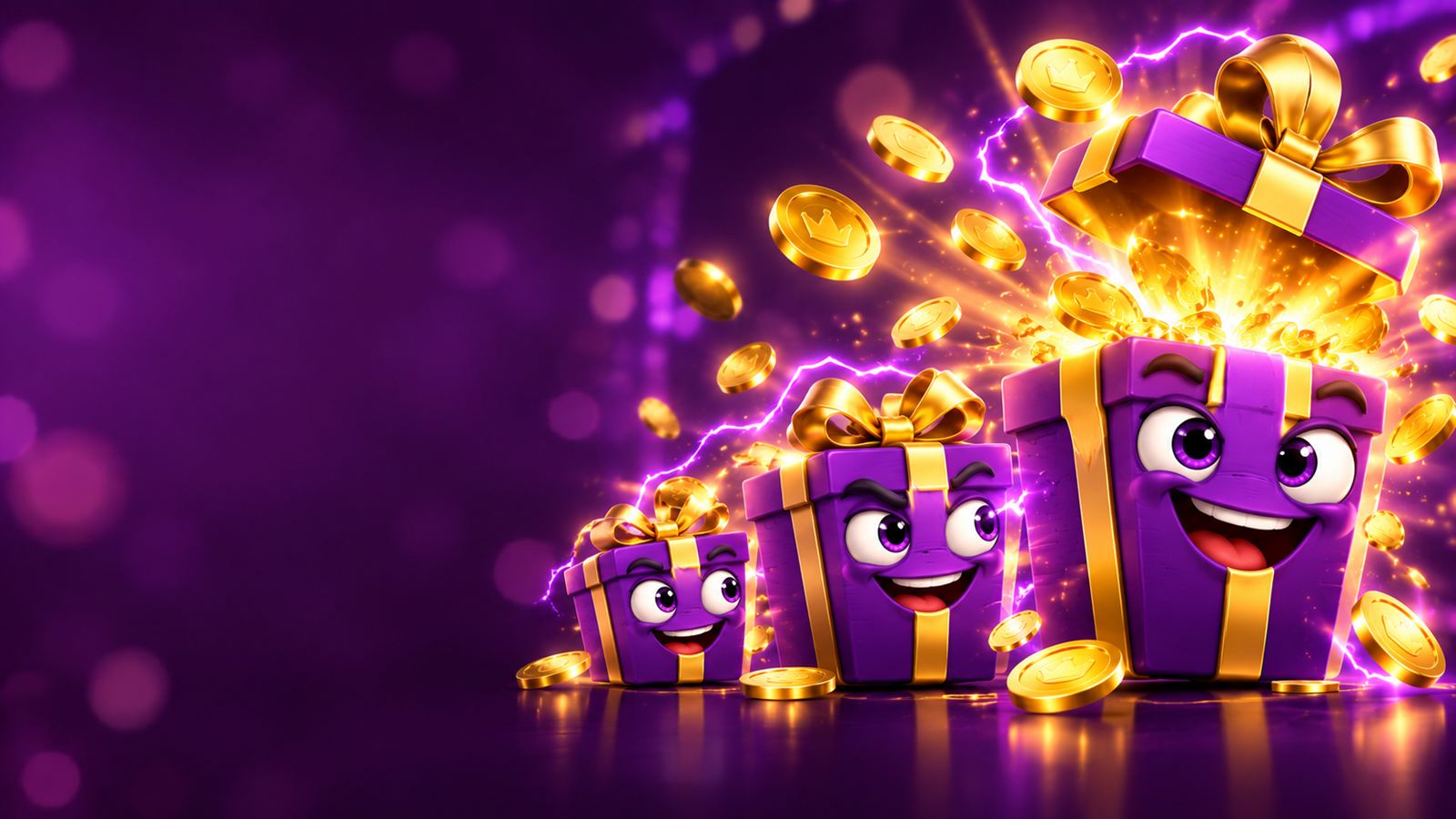 Drie lachende paarse cadeaudozen, de grootste springt open met gouden munten