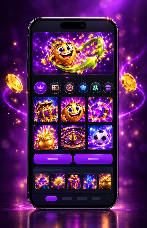 Een telefoon met een paarse casinolobby vol speltegels op het scherm